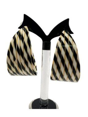 Vintage Black & Ivory Diagonal Striped Lucite Hoop Earrings Statement Design